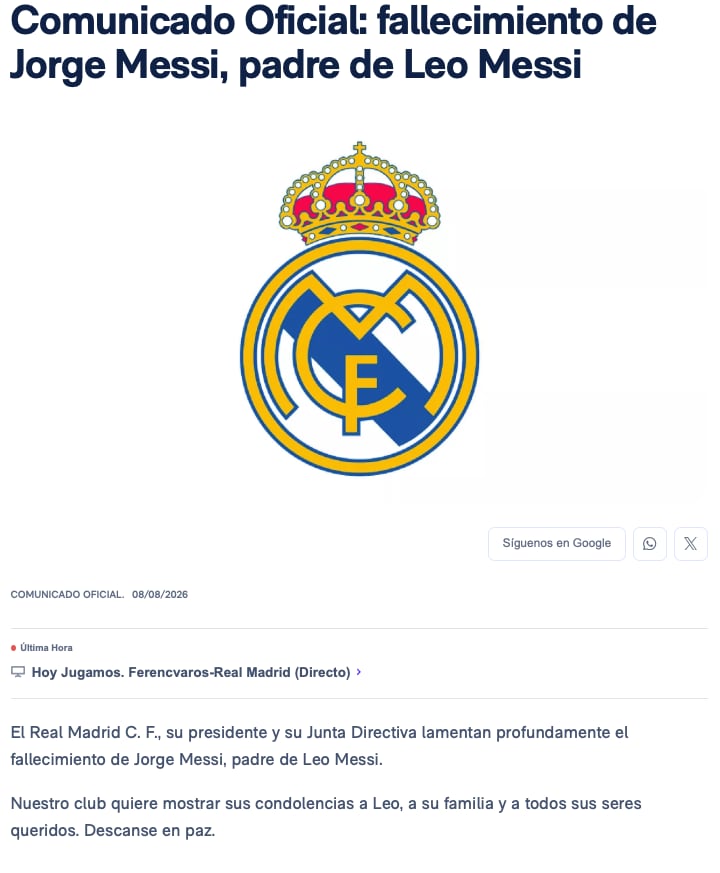 Murió Jorge Messi: los mensajes para despedir al padre de Lionel 13 El Real Madrid se sumó a los saludos para la familia de Jorge Messi