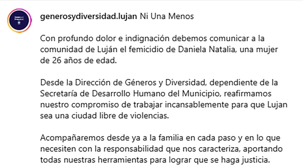 El mensaje de la Dirección de Géneros y Diversidad de Luján en Instagram