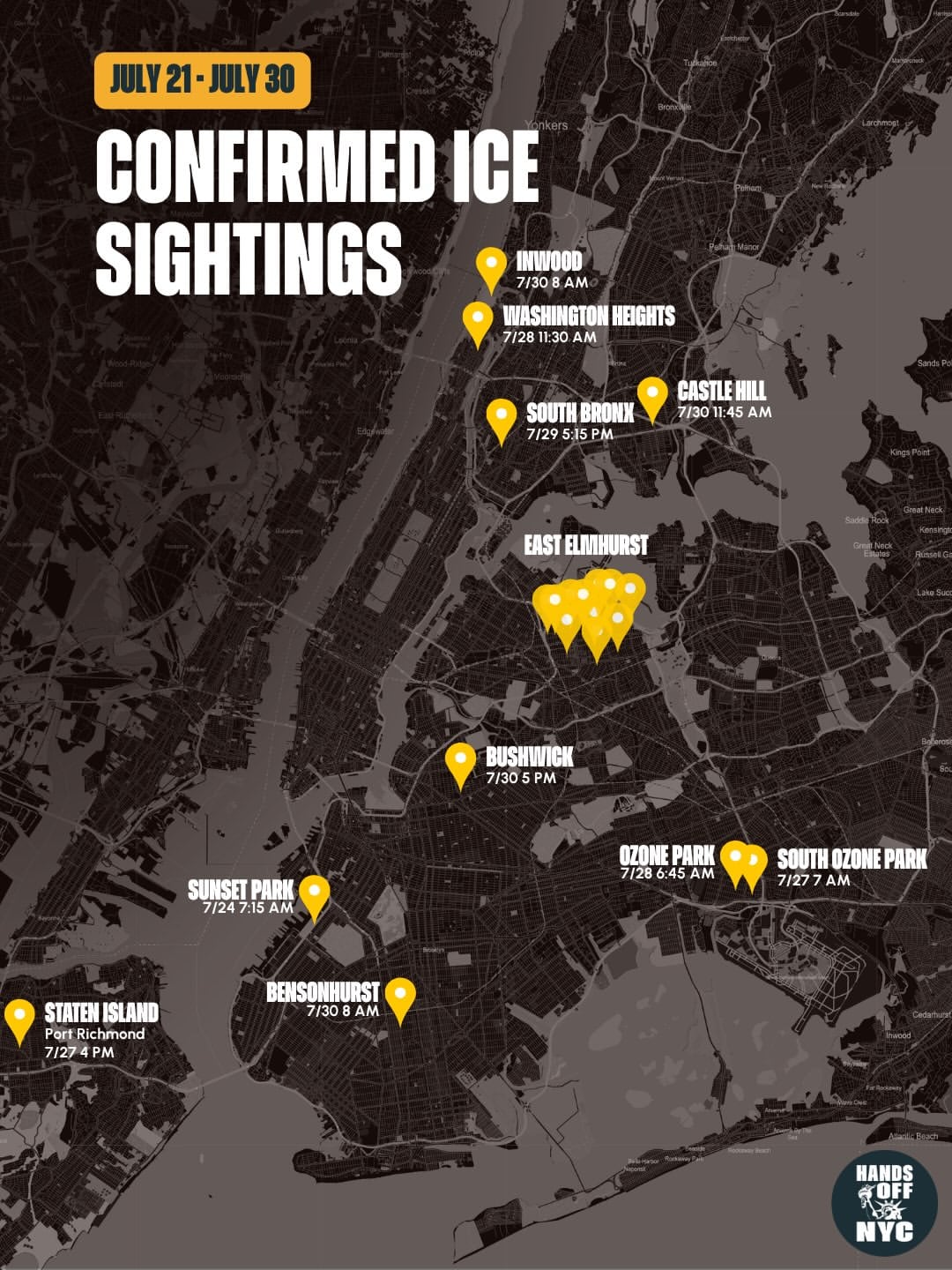 Avistamiento del ICE, según el monitoreo de Hands Off NYC