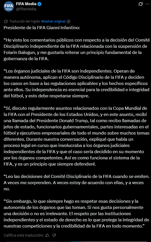 El comunicado de Infantino en redes sociales tras quitarle la sanción a Balogun