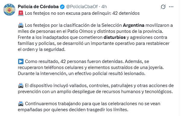 El posteo de la Policía de Córdoba