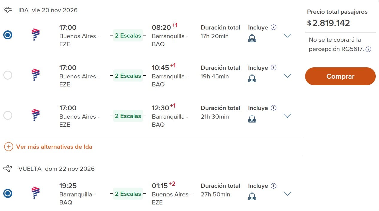 El vuelo de Al Mundo que sale el viernes 20 y tiene fecha de retorno el domingo 22 de noviembre