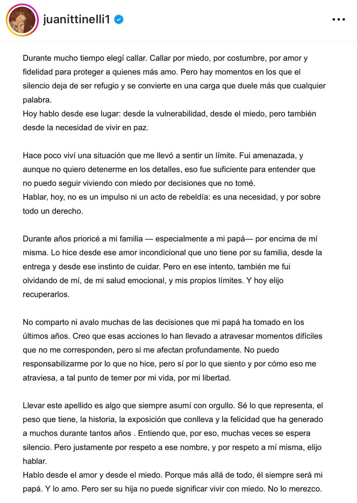 El descargo de Juanita Tinelli en sus redes (Fuente: @juanittinelli1)