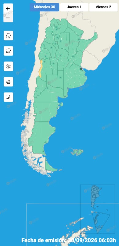 El mapa de alertas del SMN para la jornada