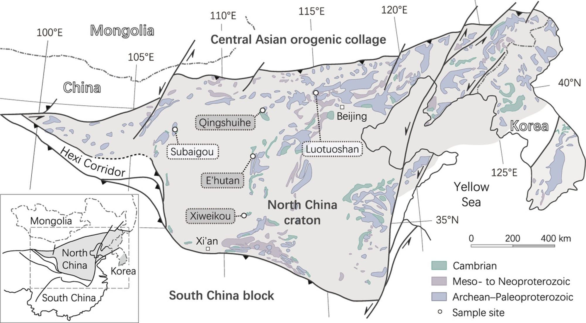 Marco tectónico del norte de China que muestra la distribución del basamento Arcaico a Paleoproterozoico