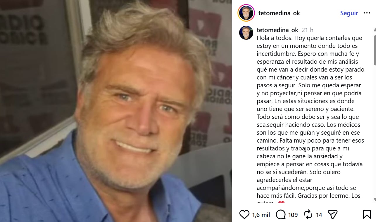 Teto Medina detalló que se encuentra en un momento de incertidubre respecto a su salud