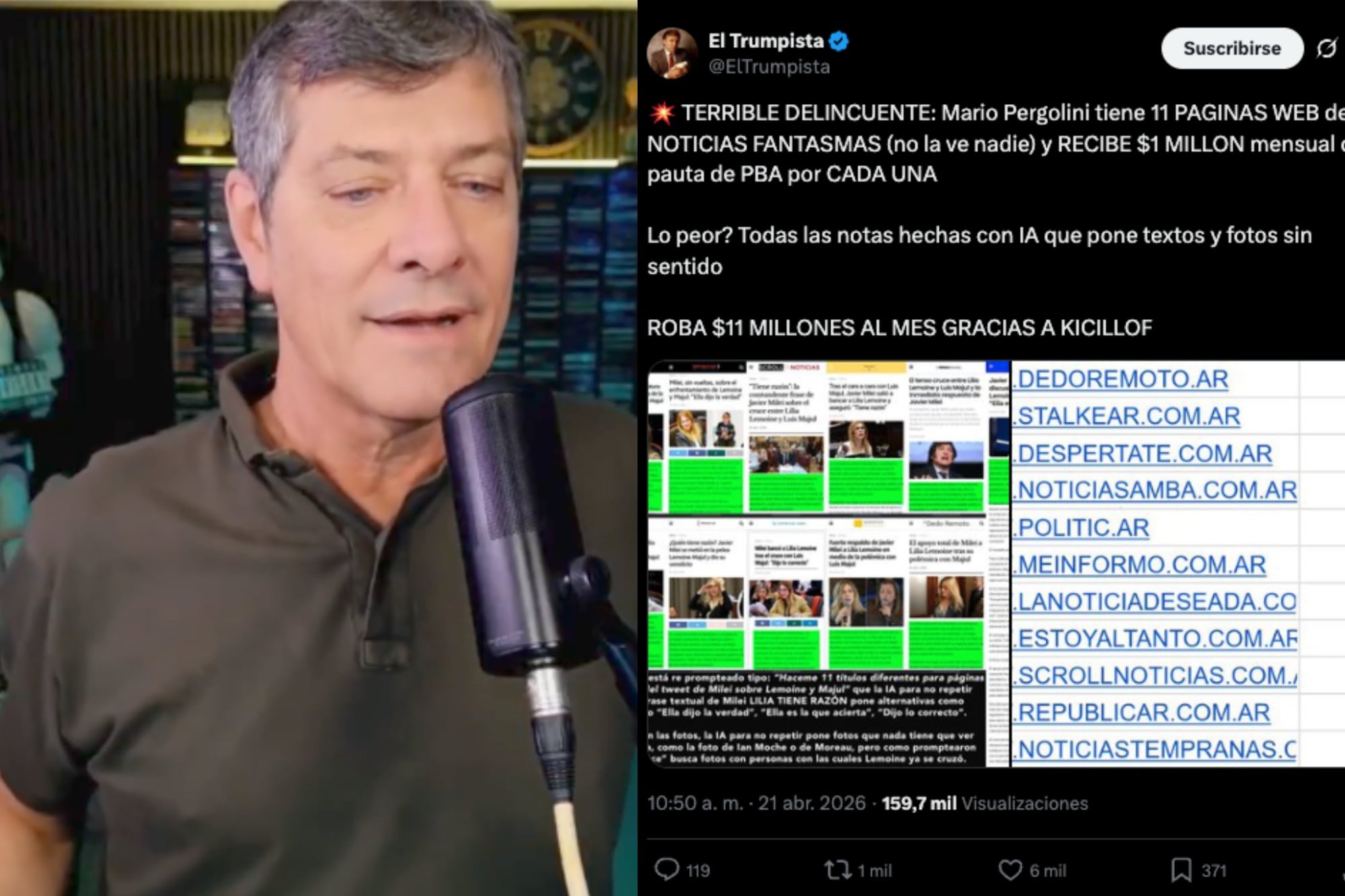 Mario Pergolini habló de la denuncia de trolls libertarios que lo acusaron de recibir pauta de Kicillof