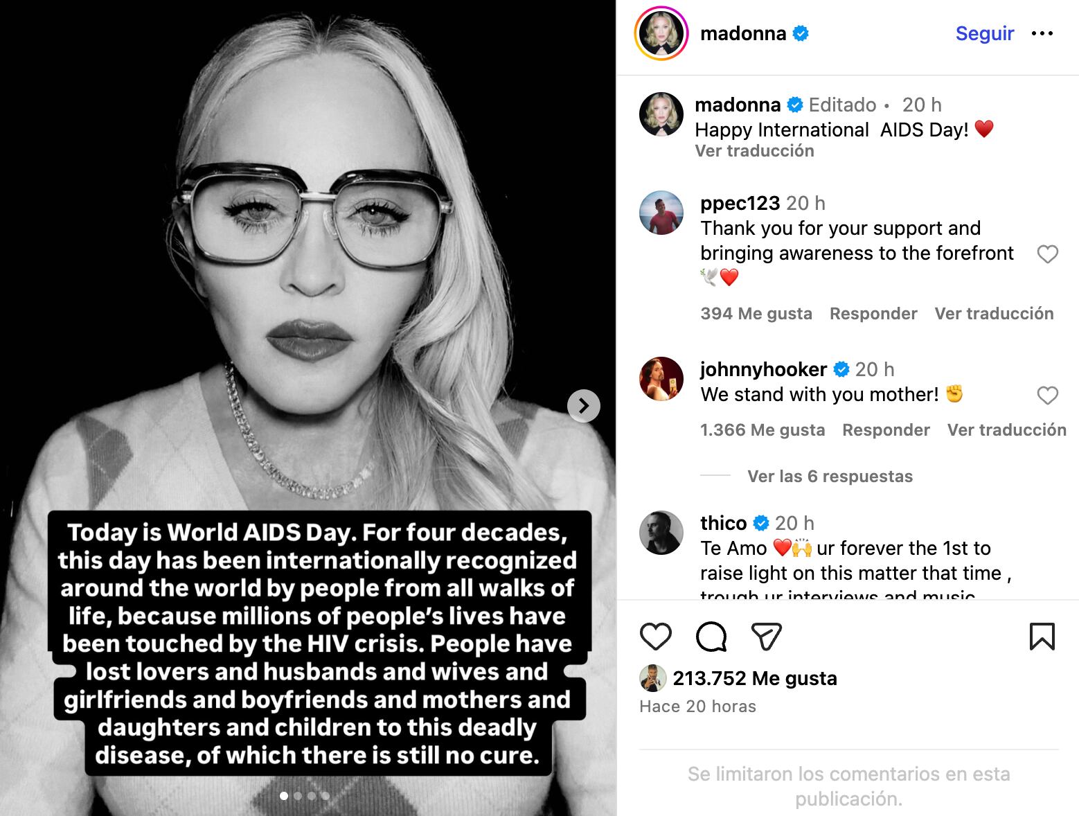 La publicación en la que Madonna se manifestó en contra de la decisión de la administración federal de EE.UU.