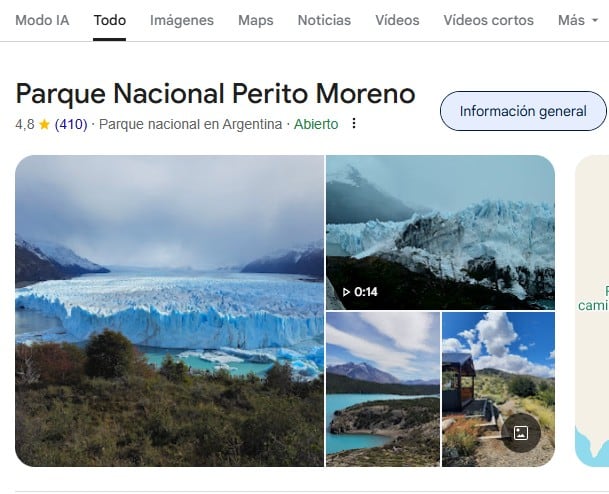 La imagen de la confusión: el glaciar Perito Moreno (en el PN Los Glaciares) ilustra la imagen principal del PN Perito Moreno, que queda 570 km más al norte
