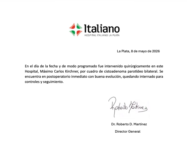 El parte oficial del Hospital Italiano de La Plata sobre Máximo Kirchner