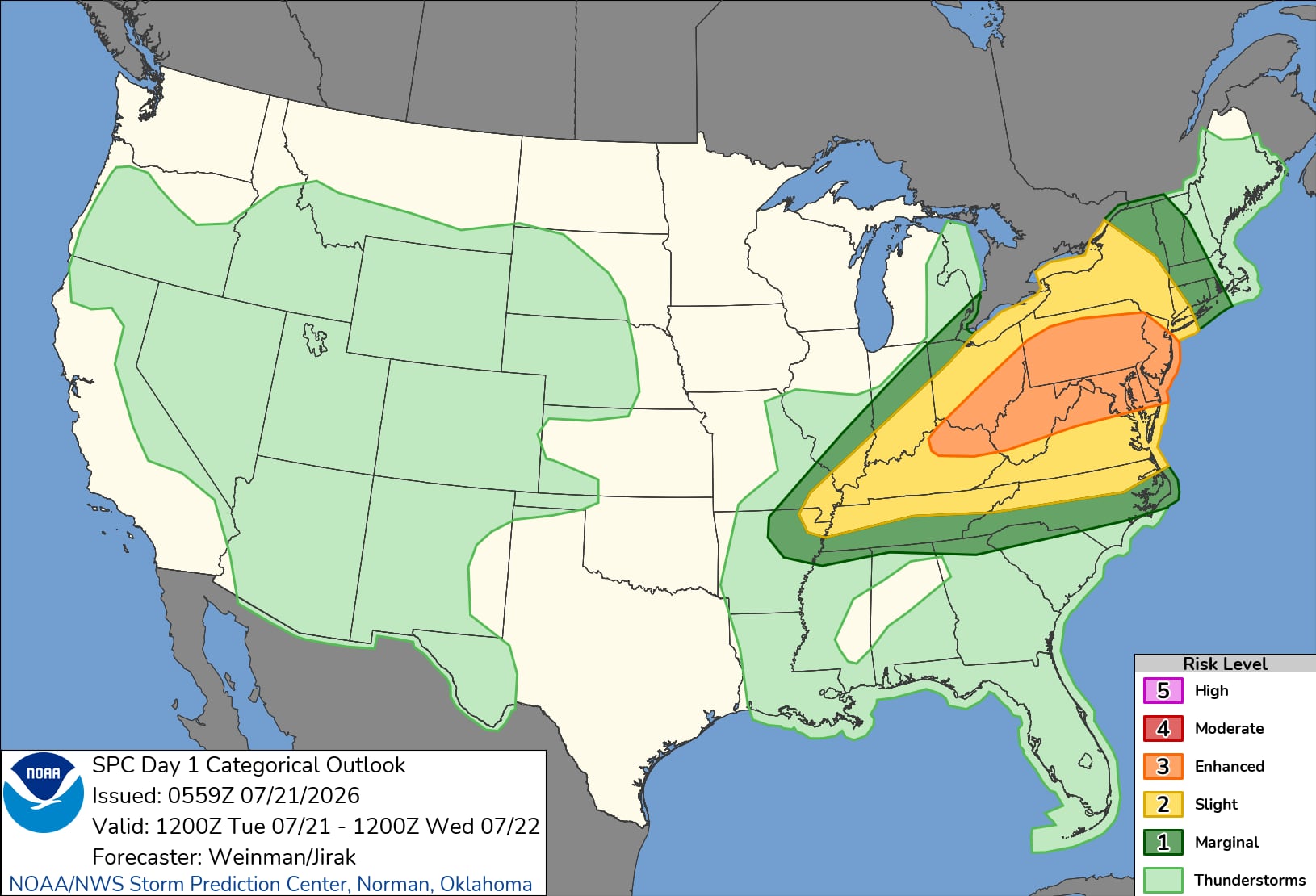 El Centro de Predicción de Tormentas estableció un riesgo nivel tres de cinco para el valle superior de Ohio y el Atlántico Medio