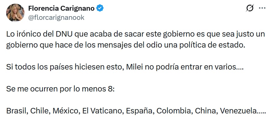 La diputada Florencia Carignano sostuvo que el DNU es