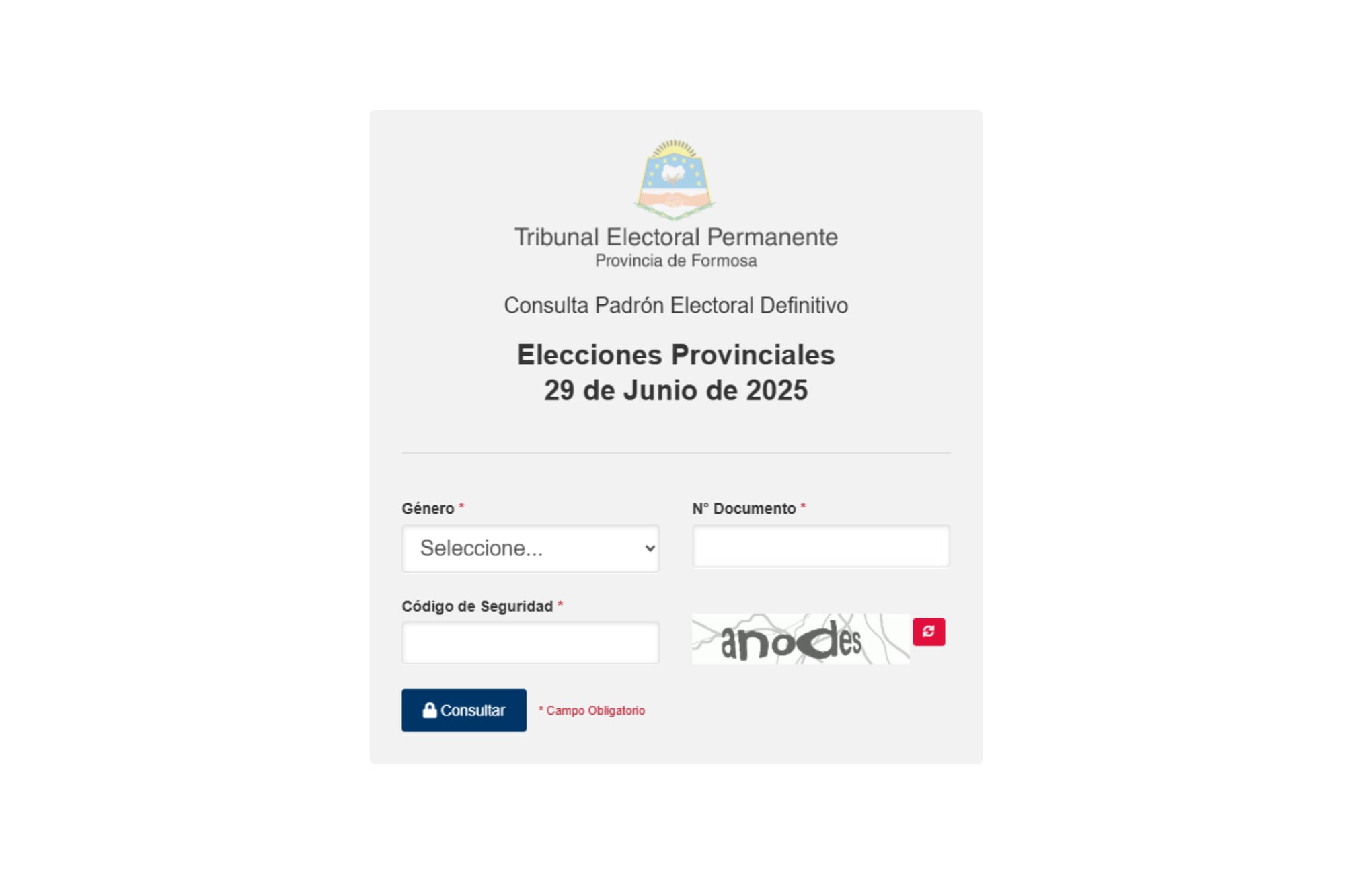 Así se ve el portal en que se puede consultar el padrón para las elecciones en Formosa de este domingo 29 de junio