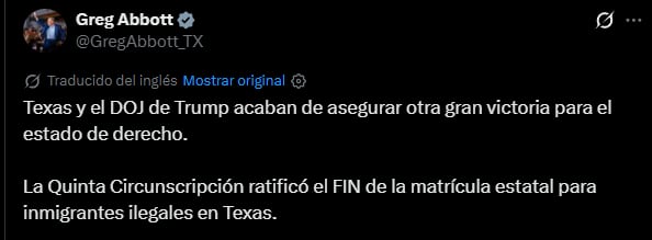 Greg Abbott celebró en redes el fin de la matrícula para estudiantes indocumentados en Texas