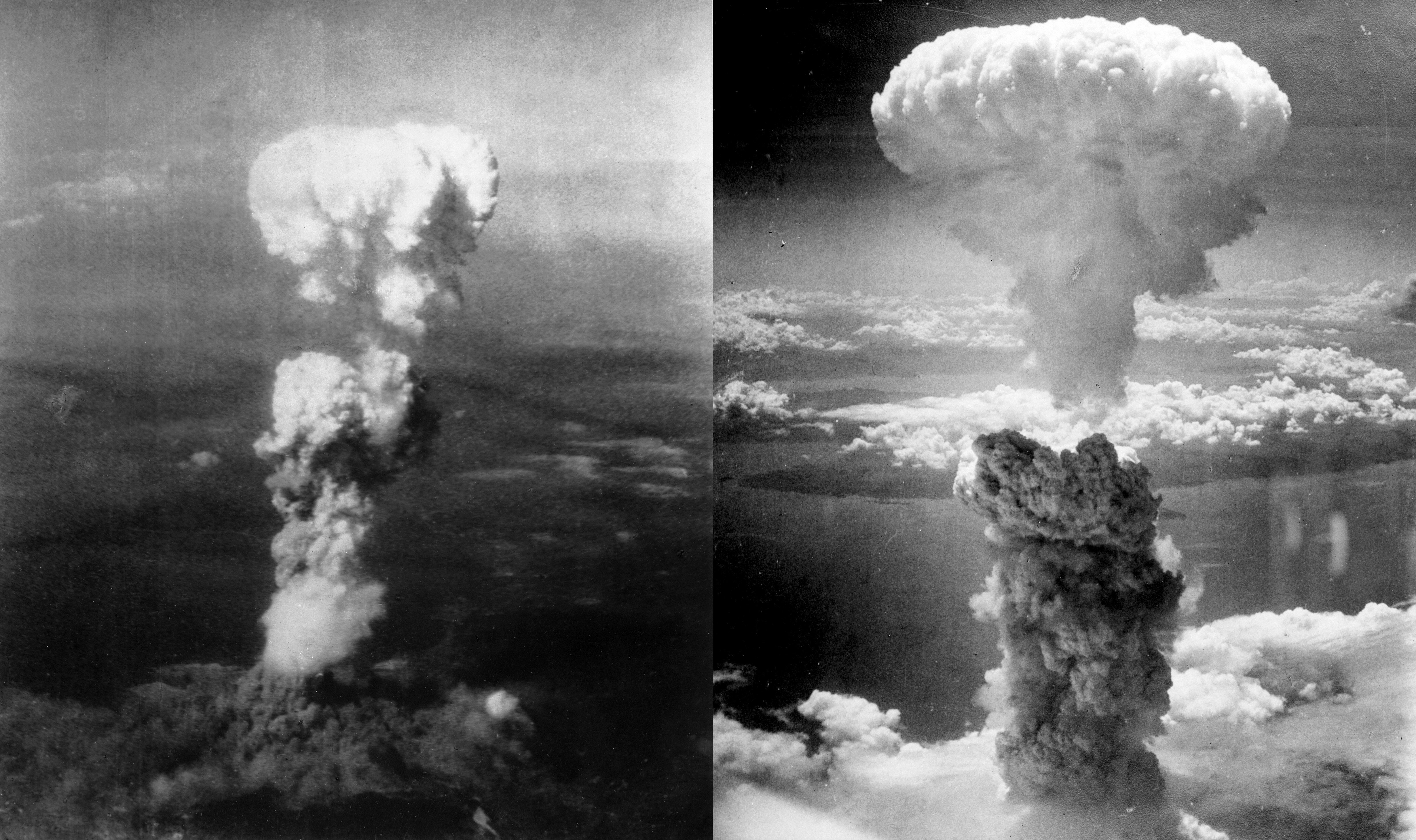 La nube sobre Hiroshima, entre dos y cinco minutos después de la explosión. Y la nube hongo sobre Nagasaki