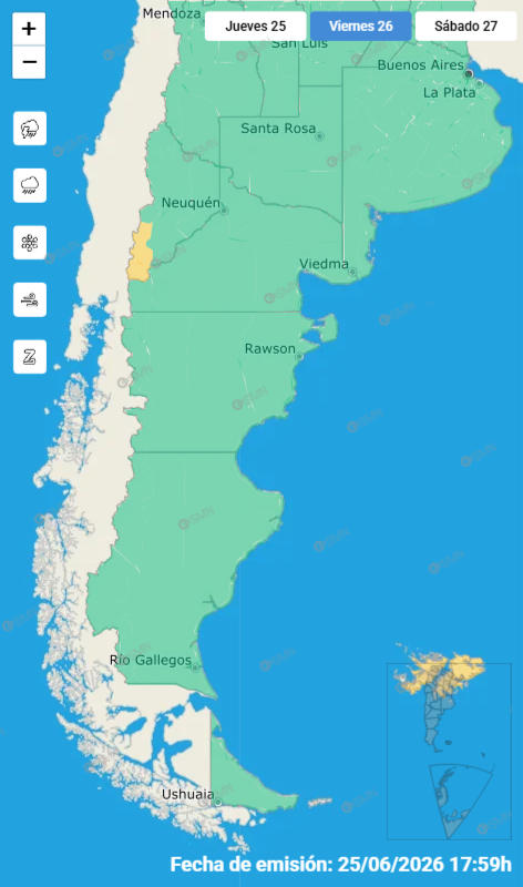 Las alertas emitidas por el SMN para este viernes 26 de junio