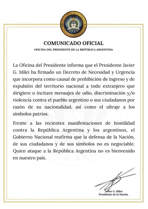 Comunicado de la Oficina del Presidente respecto a la modificación de la Ley de Migraciones