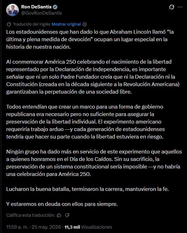 El gobernador Ron DeSantis se expresó en redes sociales por el Memorial Day