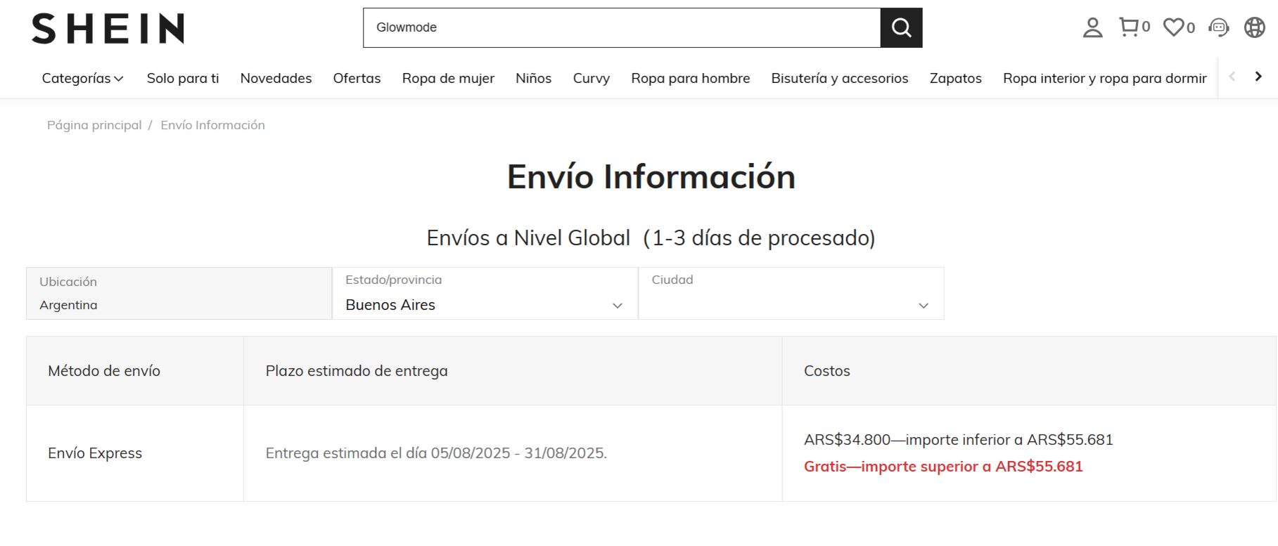 En Argentina, el envío express de Shein demora mínimo 20 días (Foto: Captura Shein)