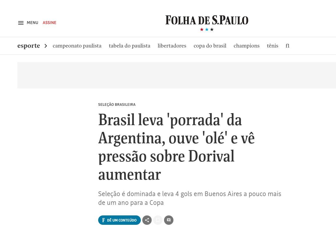 La crítica a la selección brasileña de Folha de S. Pablo