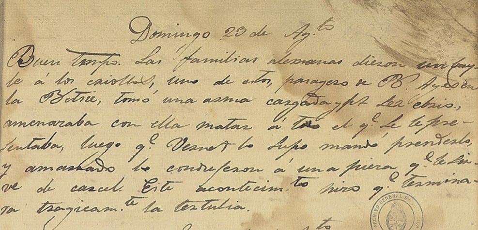 Manuscrito. Parte del diario de María Sáez de Vernet, donde cuenta el incidente del domingo 30 de agosto en el baile que dieron los alemanes.