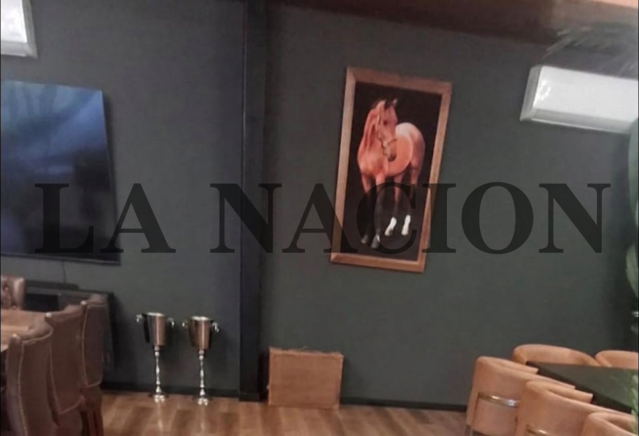 Un cuadro con una imagen de un caballo. En el piso hay dos copas, presumiblemente de las carreras de Máximo Toviggino