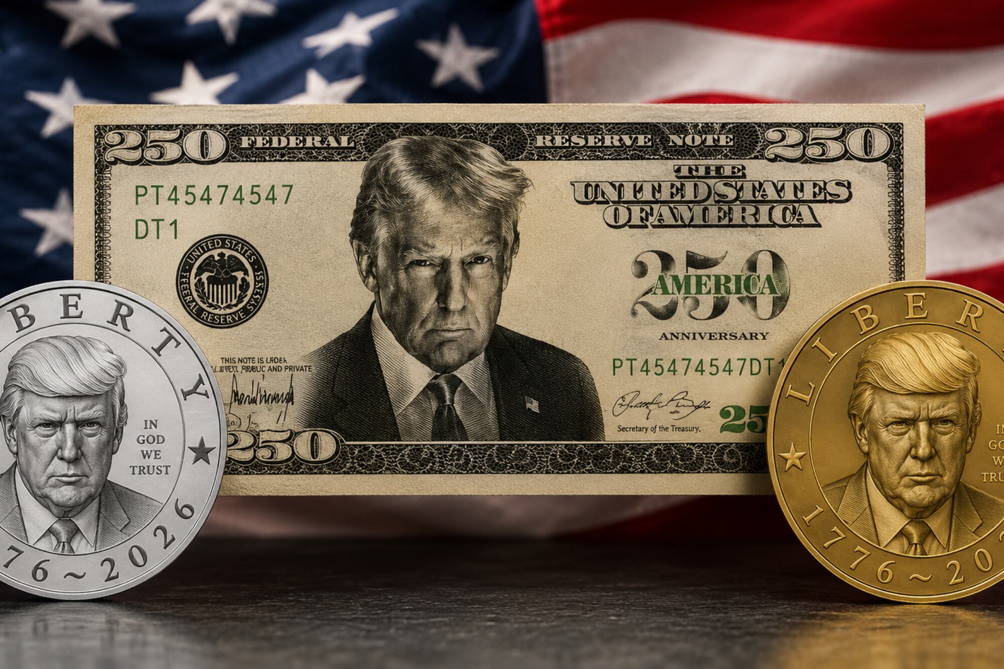 Las dos monedas y el billete que llevarían la imagen de Trump por el aniversario 250 de Estados Unidos