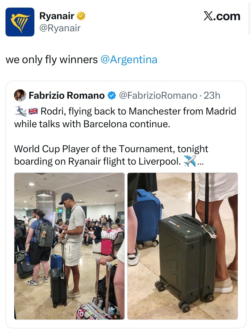 Ryanair volvió a apuntar contra la selección con una filosa chicana y Aerolíneas Argentinas respondió 6 El posteo de Ryanair