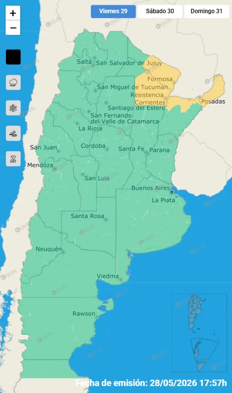 Las alertas emitidas por el SMN para este viernes 29 de mayo