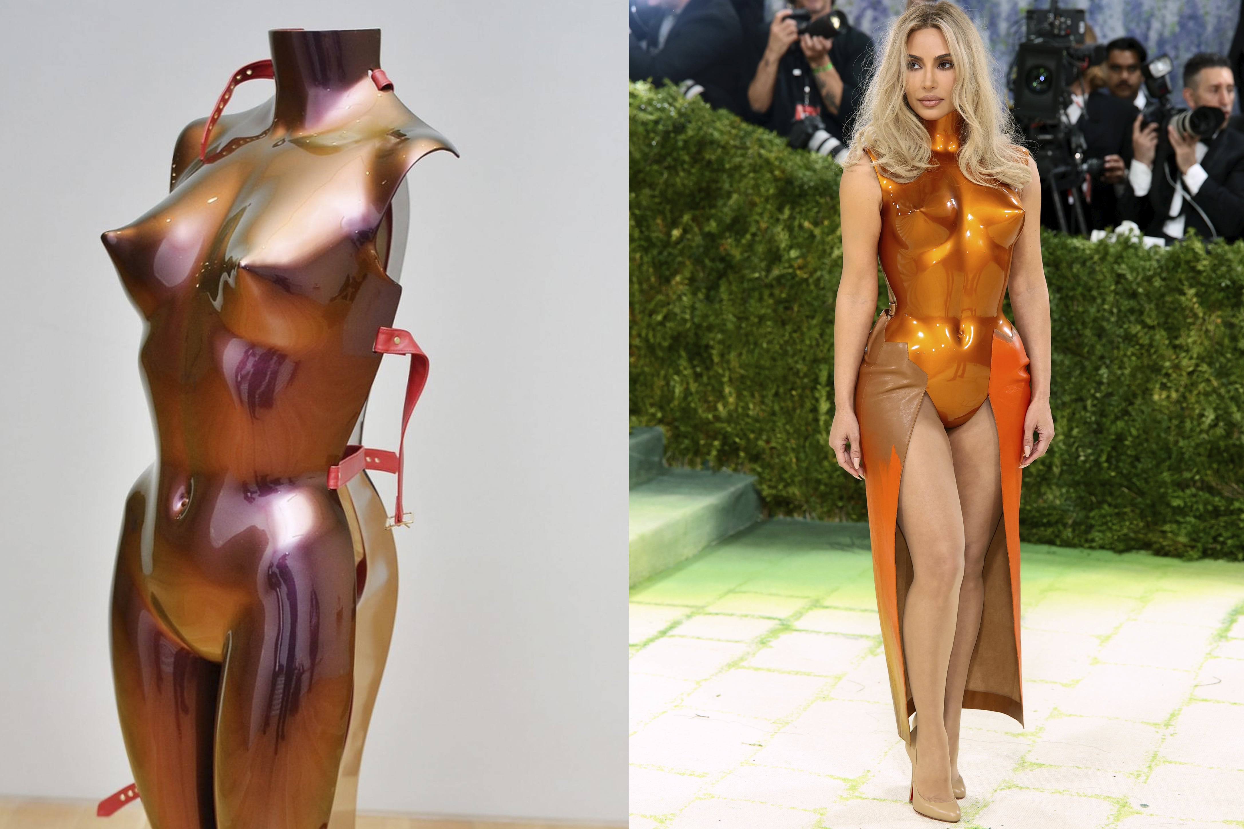 Para esta gala, Kim Kardashian eligió llevar una armadura realizada en fibra de vidrio con acabado metálico y una falda de cuero artesanal, ambas en color cobre anaranjado. Impactante y escultórica, la pieza tiene una inspiración histórica: evoca una de las famosas piezas de la serie Body Armour del pintor, escultor y litógrafo británico Allen Jones.