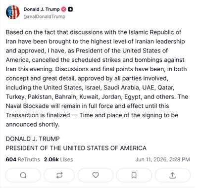 El truth social de Trump que anuncia la cancelación de los ataques a Irán