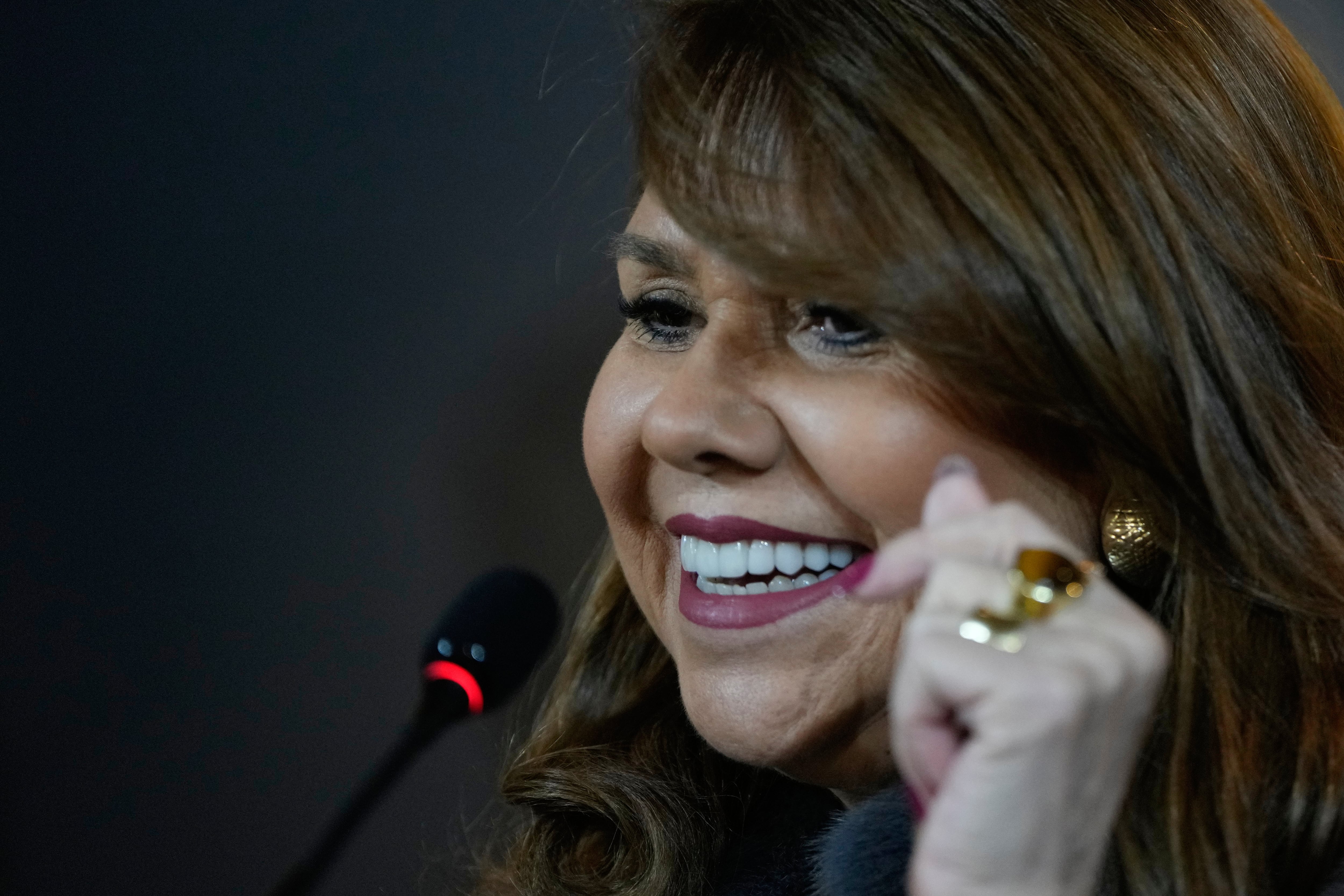 La senadora paraguaya Celeste Amarilla durante una rueda de prensa, el martes 7 de julio de 2026, en Asunción. (AP Foto/Jorge Saenz)