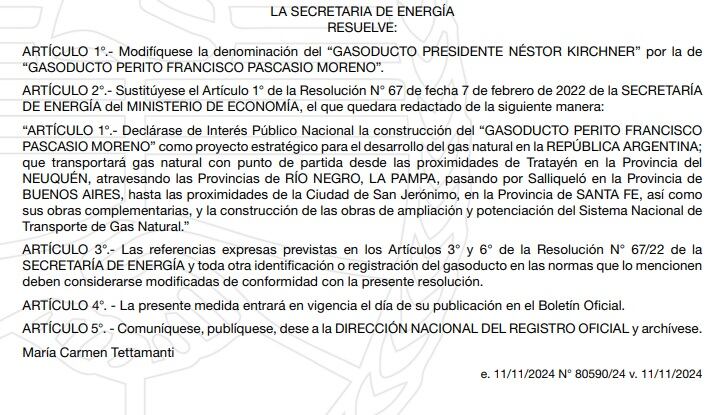 La resolución que modificó el nombre del gasoducto que conecta Vaca Muerta con Buenos Aires