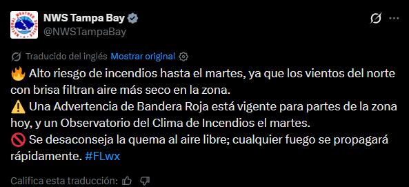 La advertencia de incendios publicada por el NWS en X