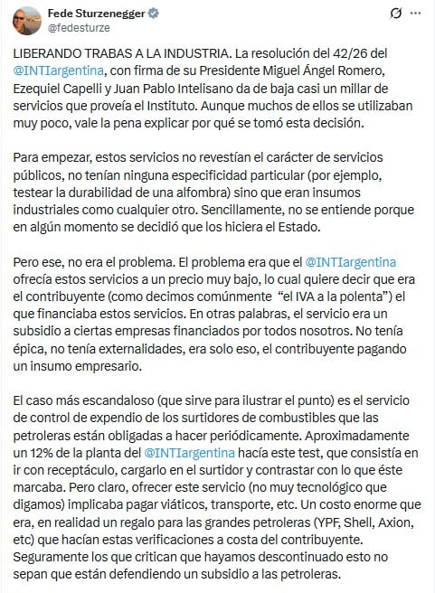 La explicación de Sturzenegger para dar de baja a más de 900 servicios que brindaba el INTI