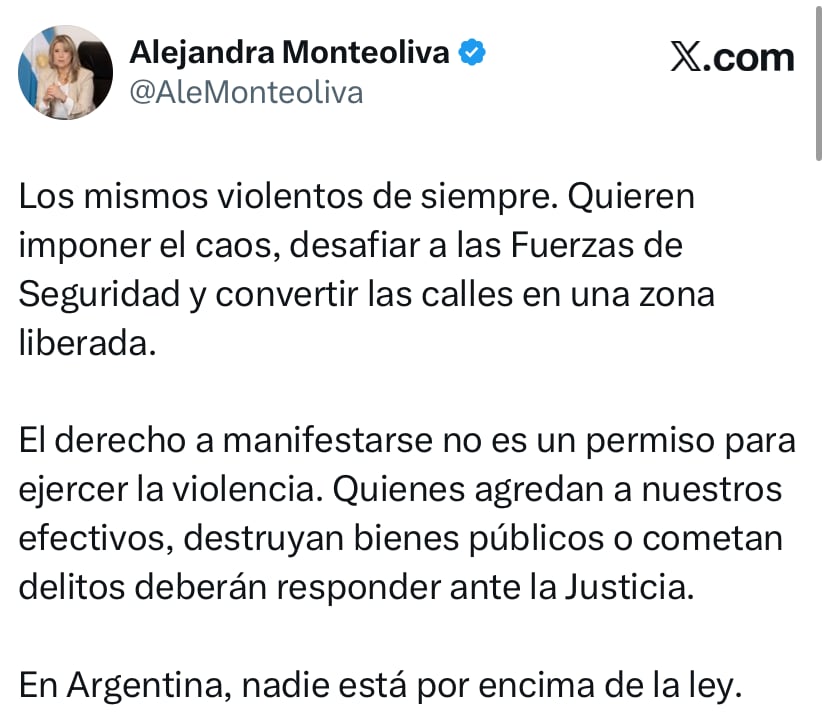La publicación de Monteoliva sobre los incidentes durante la marcha