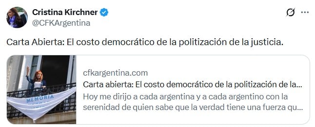El posteo de Cristina en X, donde difundió una carta abierta