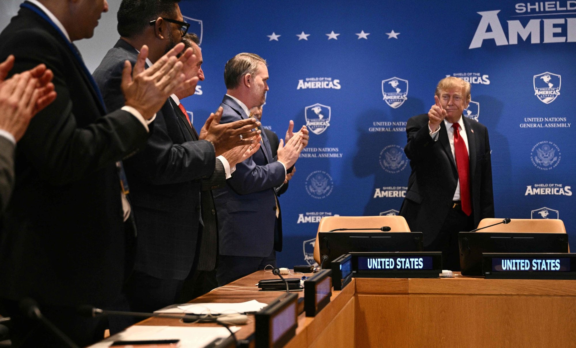 El presidente Donald Trump, en su llegada a la reunión del Escudo de las Américas en la sede de la ONU, en Nueva York.