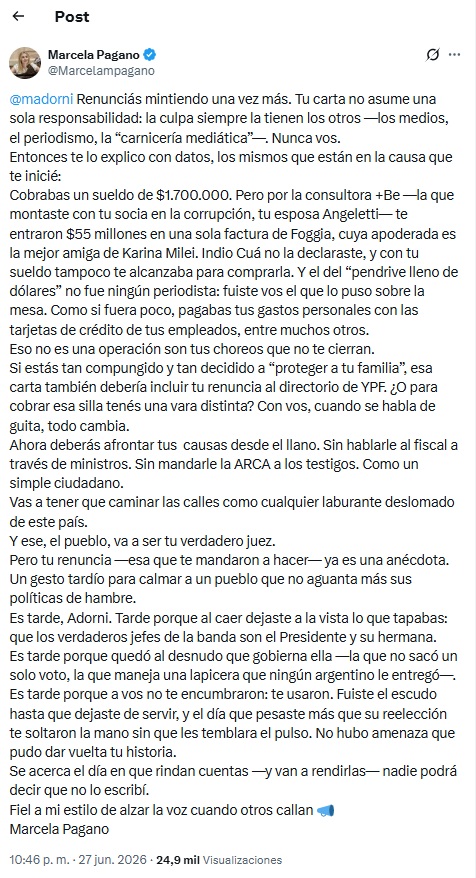 El posteo de Marcela Pagano en X