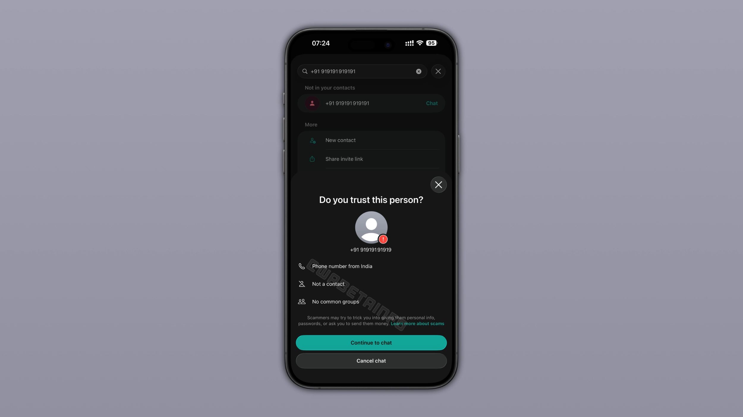 Así es la advertencia de WhatsApp antes de iniciar un nuevo chat con un número desconocido