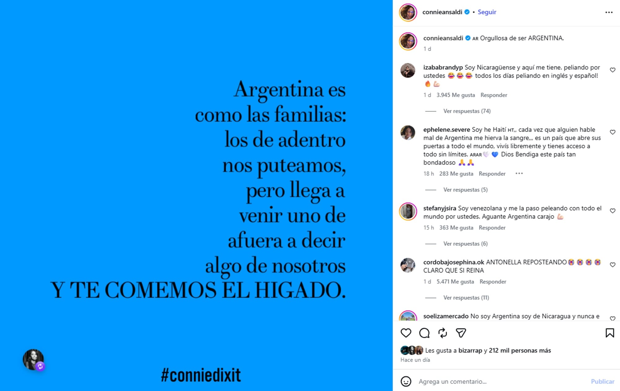 Antonela Roccuzzo reposteó y le dio me gusta a una publicación de Connie Ansaldi sobre las críticas a la Argentina