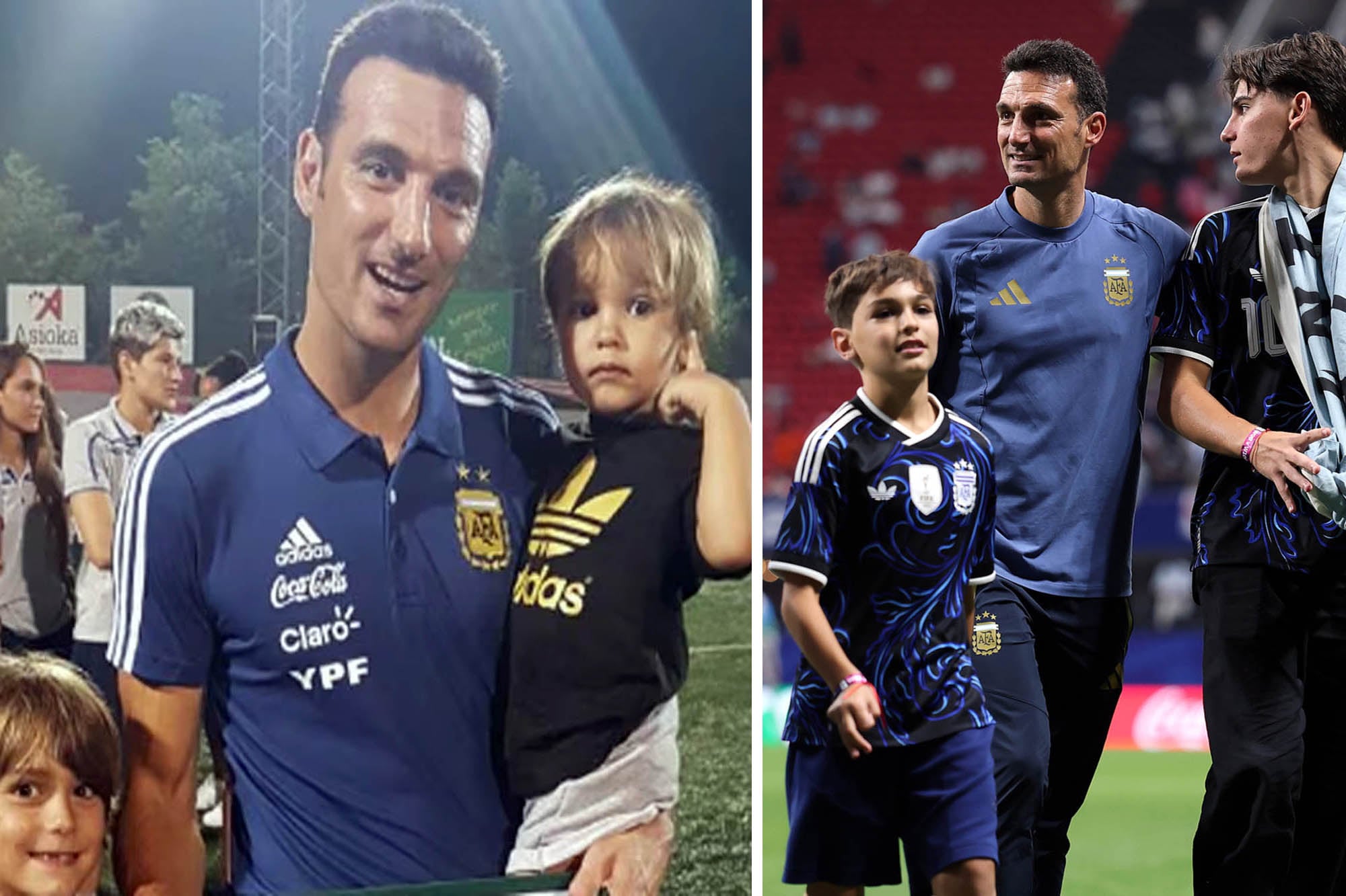 El paso del tiempo, el mismo compromiso: Scaloni con sus hijos, Ian y Noah, en el torneo de L'Alcudia 2018, donde todo empezó, y en este Mundial 2026