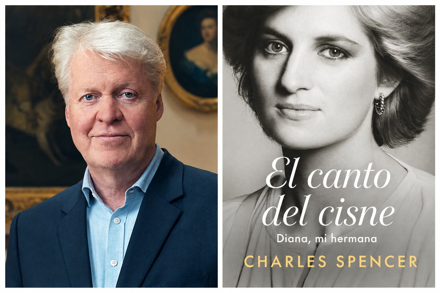 retrato de Charles Spencer y la tapa del libro sobre Lady Di