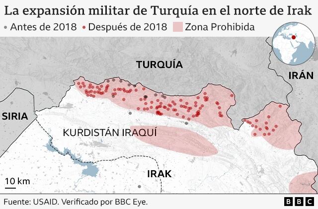 Mapa de la expansión militar de Turquía en el norte de Irak