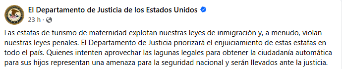 El Departamento de Justicia advirtió que irá en contra de quienes participen en esquemas de turismo de nacimiento