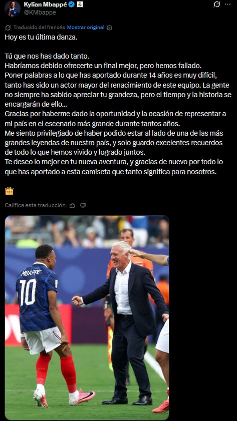 El posteo de Mbappé para despedir Deschamps