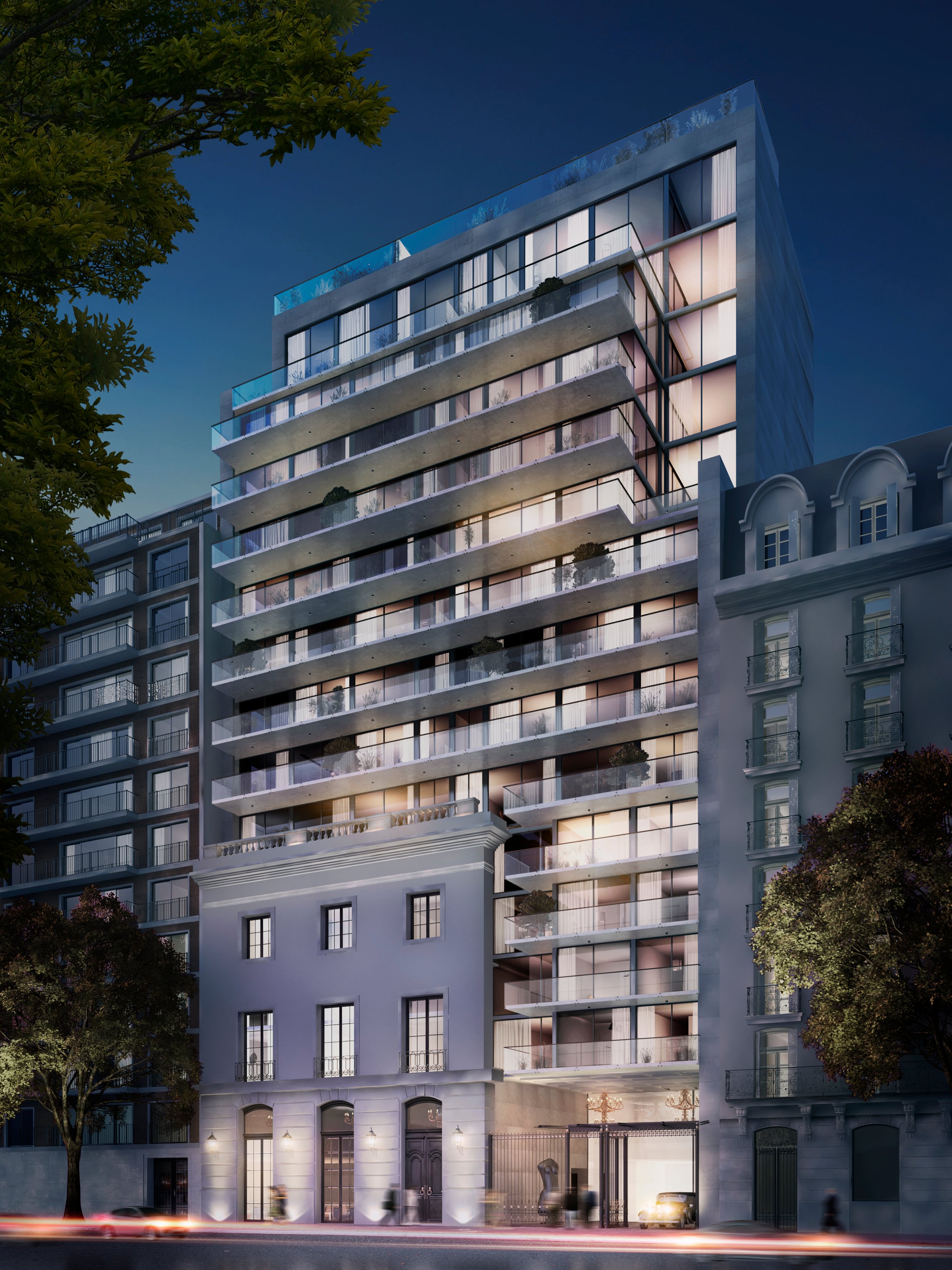 La fachada de la torre en Callao es una mezcla de un Petit Hotel antiguo con un diseño moderno de vidrio