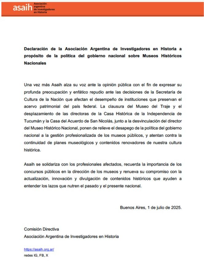 La AsAIH repudió la medida de la Secretaría de Cultura de la Nación