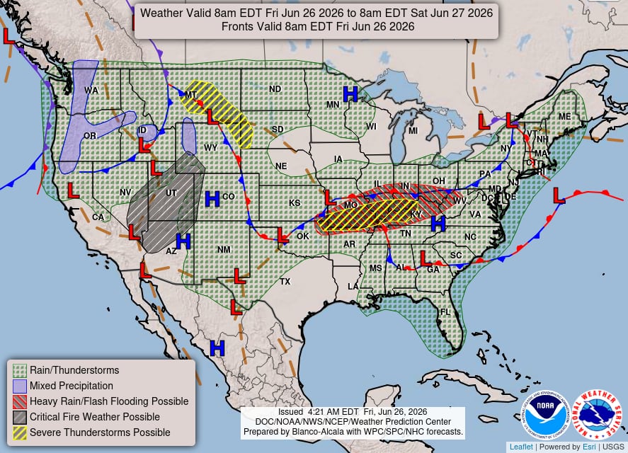 El NWS emitió un riesgo moderado de lluvias excesivas desde el noreste de Oklahoma hasta Virginia Occidental