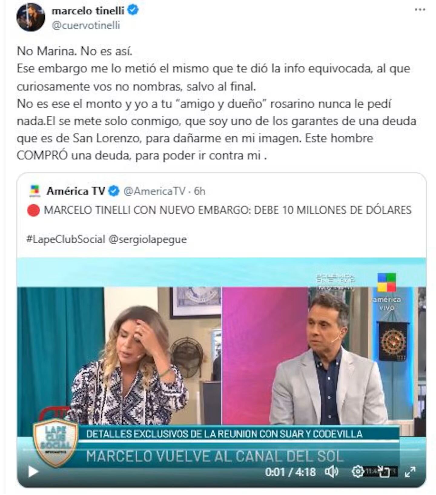 Posteo donde Marcelo Tinelli corrige a Marina Calabró y hace referencia a su